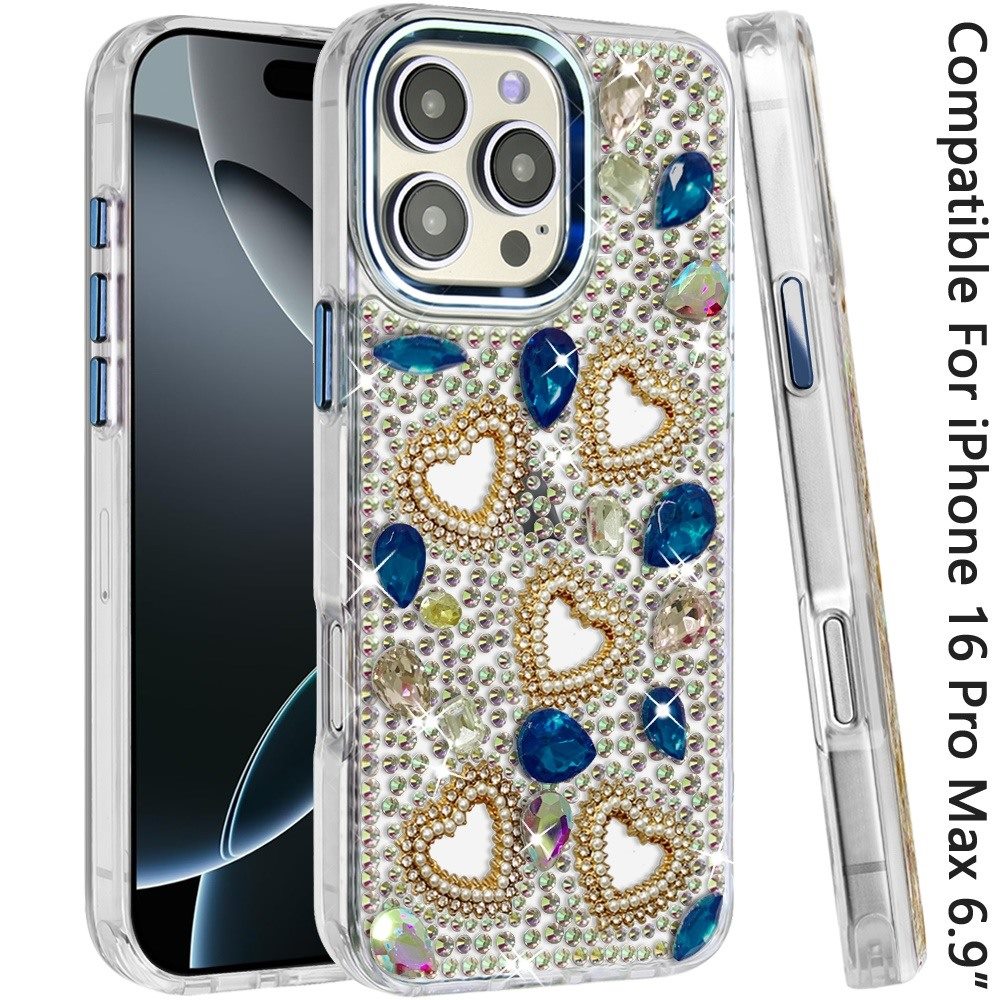 Phone Case for Apple iPhone 16 Pro Max Luxury Crystal Heart Rhinestone Diamond Bling Shockproof Hybrid Glitter Protective Stylish Durable Grip Cover