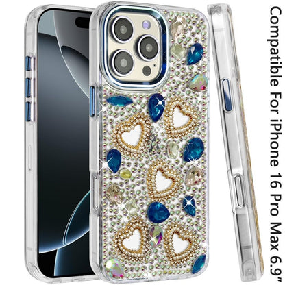 Phone Case for Apple iPhone 16 Pro Max Luxury Crystal Heart Rhinestone Diamond Bling Shockproof Hybrid Glitter Protective Stylish Durable Grip Cover