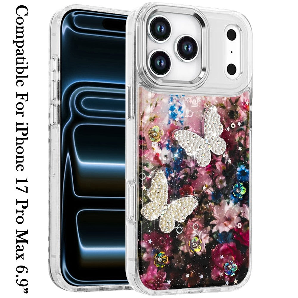 For Apple iPhone 17 Pro Max (6.9") Epoxy Glitter Flowers Bling 3D Butterfly Fashion TPU Hybrid with Shockproof Protection Case Cover