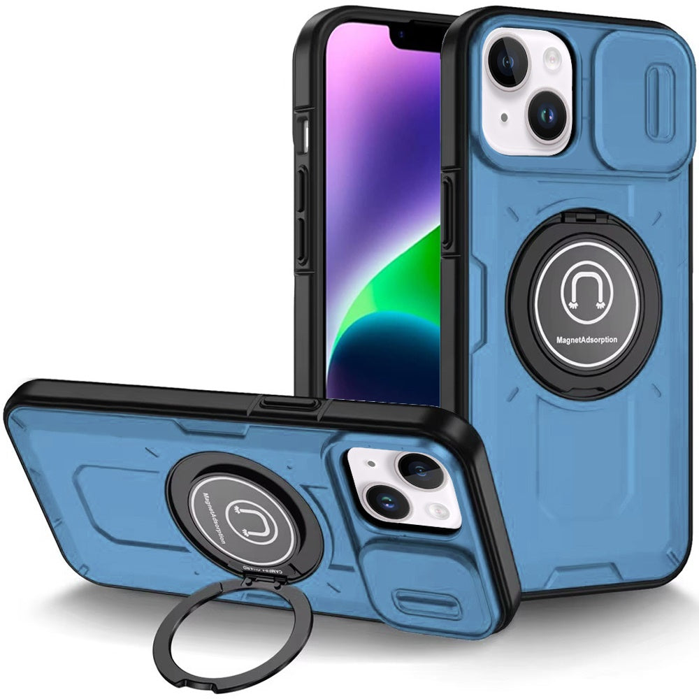 For Apple iPhone 16 Plus (6.7") Build in Invisible Magnetic Ring Stand with Slide Camera Protector, fit Magnetic Car Mount [Compatible with MagSafe] Case Cover