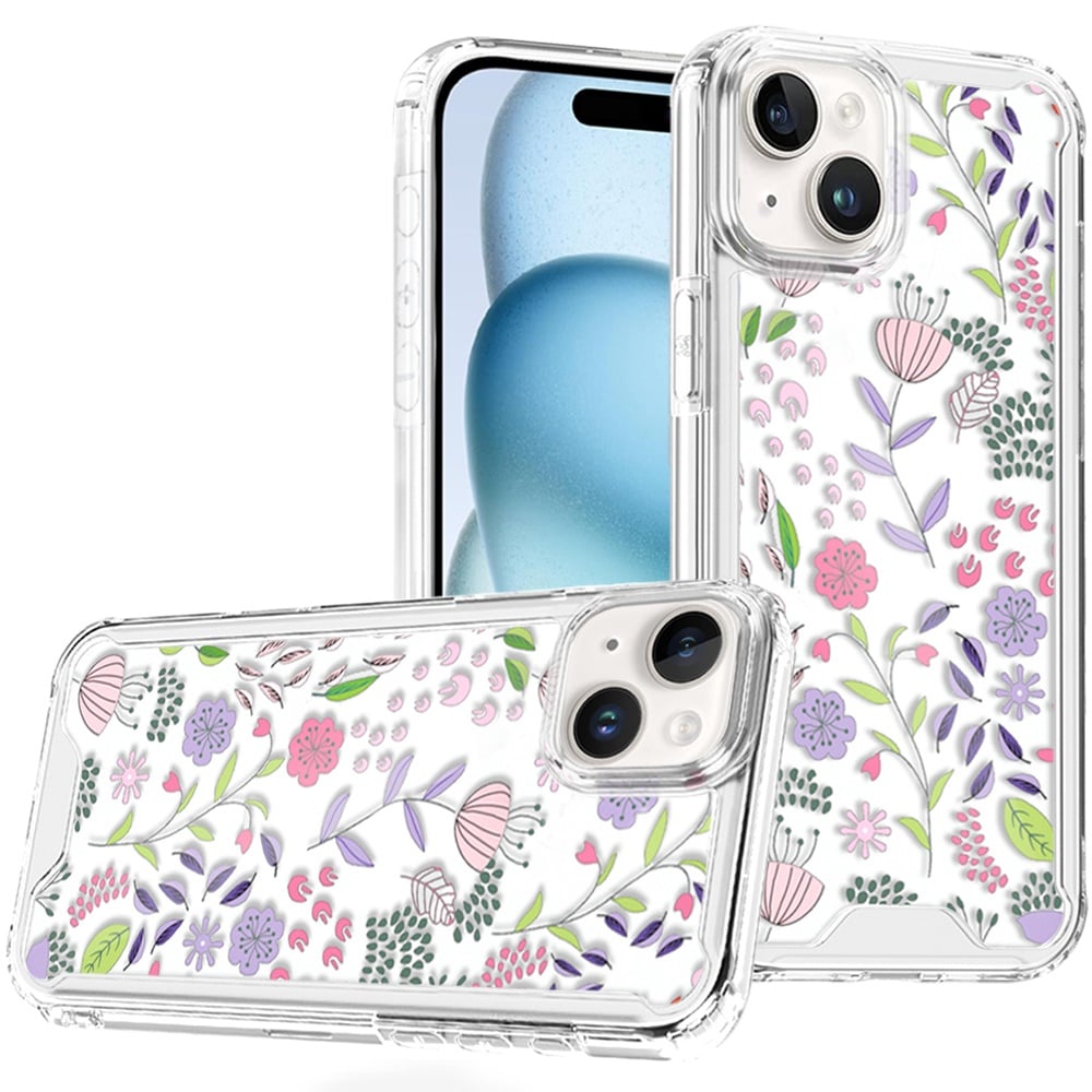Phone Case for Apple iPhone 15 Beautiful Fashion Design TPU Shockproof Hybrid Rubber PC Slim Lightweight Protective Stylish Pattern Cover Purple and Green Wildflowers