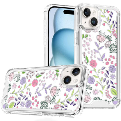 Phone Case for Apple iPhone 15 Beautiful Fashion Design TPU Shockproof Hybrid Rubber PC Slim Lightweight Protective Stylish Pattern Cover Purple and Green Wildflowers