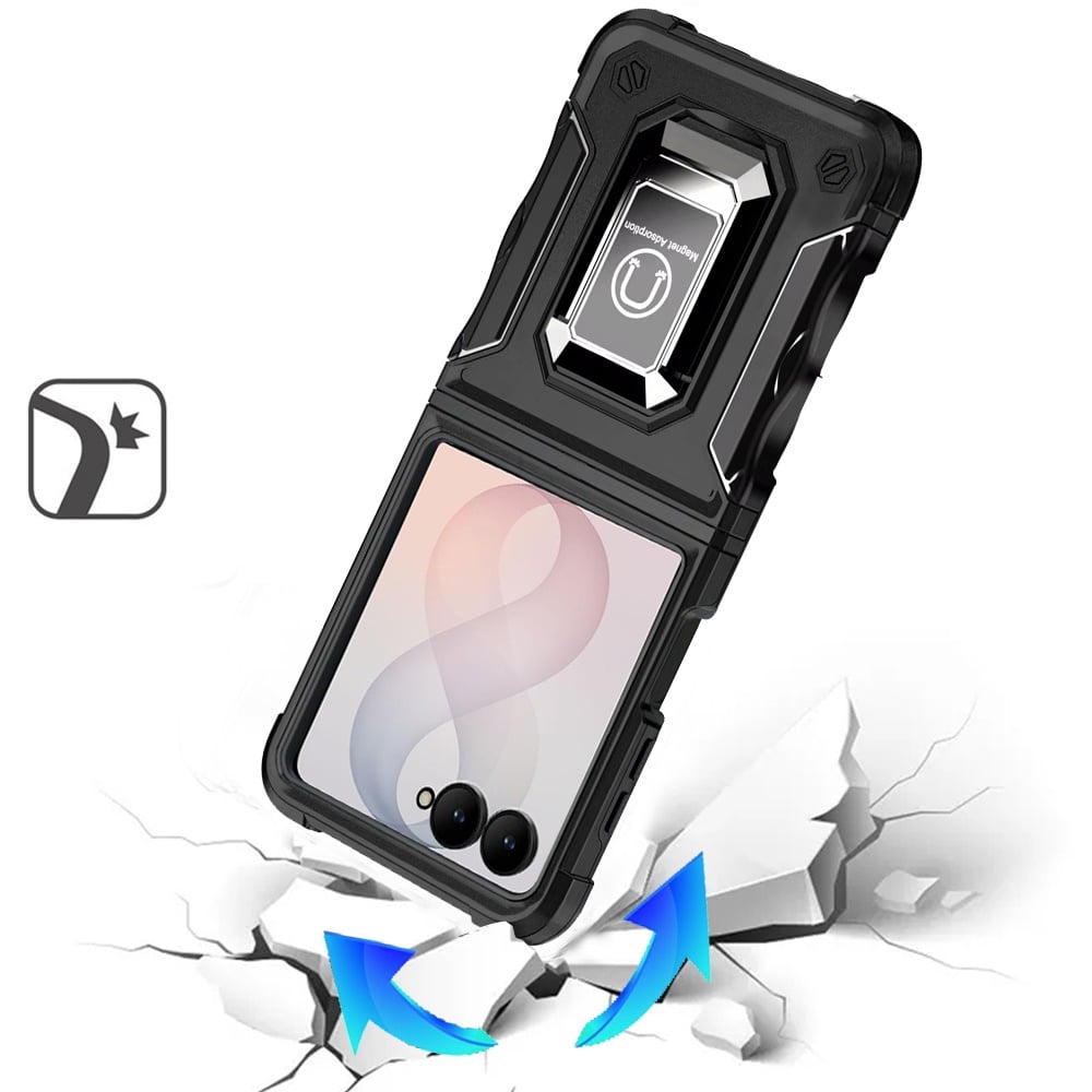 Phone Case for Samsung Galaxy Z Flip 8 Shockproof Magnetic Ring Stand Hybrid Kickstand Armor 360 Rotation Anti-Slip Grip Military Grade Drop Resist Cover