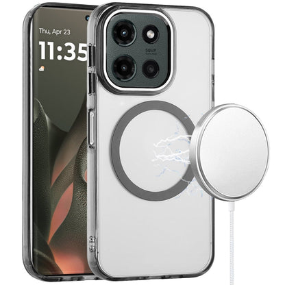 For Motorola Edge 2025 Transparent Back Hybrid Case - Magnetic Circle, Color Frame, Metal Buttons, MagSafe Compatible Case Cover Black