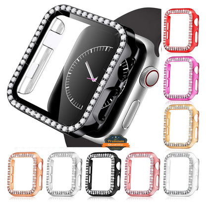 For Apple Watch Size 46mm Luxury Bling Cover Diamond Electroplate Rhinestone Bumper Protective Frame with Tempered Glass Screen Protector Case Cover