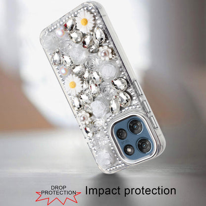 For Motorola Moto G Play 5G 2026 Fashion Daisy Floral Series, Full 3D Bling Crystal Diamonds Sparkling Rhinestone Glitter Hybrid Design Case Cover White