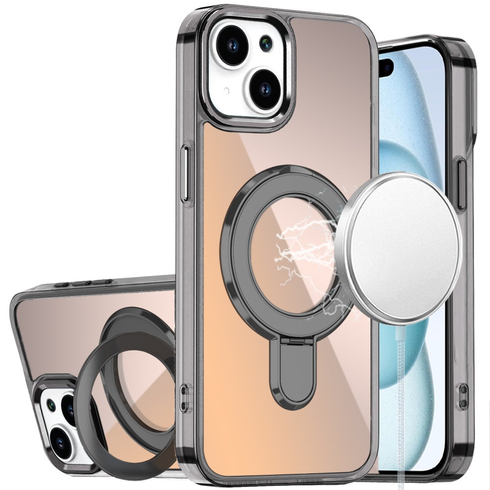 For iPhone 15 Plus (6.7") Chrome Hybrid with Rotating Magnetic Circle Ring Stand, Slim Shockproof Hybrid Case Cover Cosmic Orange