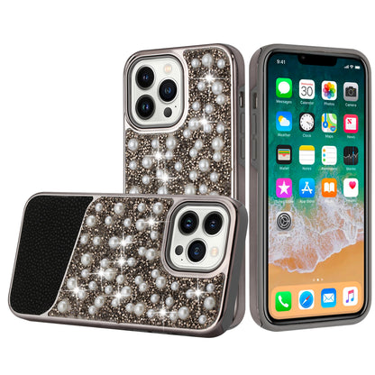 For Apple iPhone 14 Pro Max (6.7") Bling Pearl Diamonds Design Glitter Hybrid Thick Hard TPU Shiny Protective Frame  Phone Case Cover