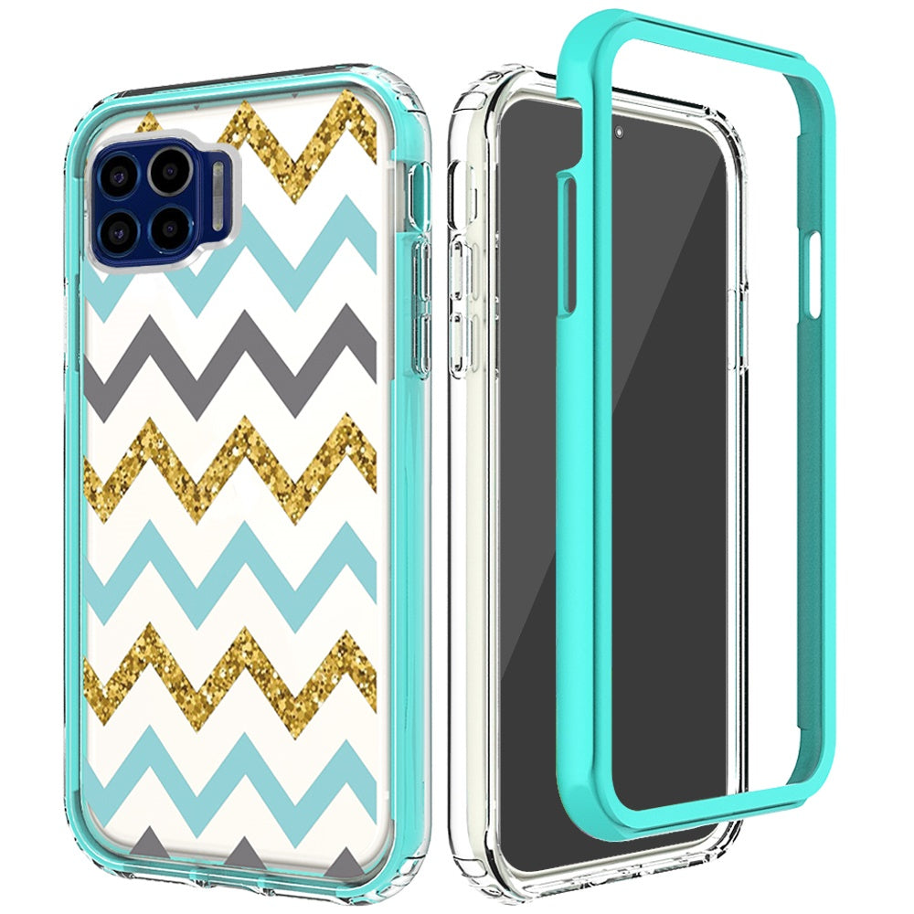 For Apple iPhone 14 Plus (6.7") Beautiful Design 3in1 Hybrid Triple Layer Armor Hard PC Plastic Rubber Frame Teal Chevron Phone Case Cover