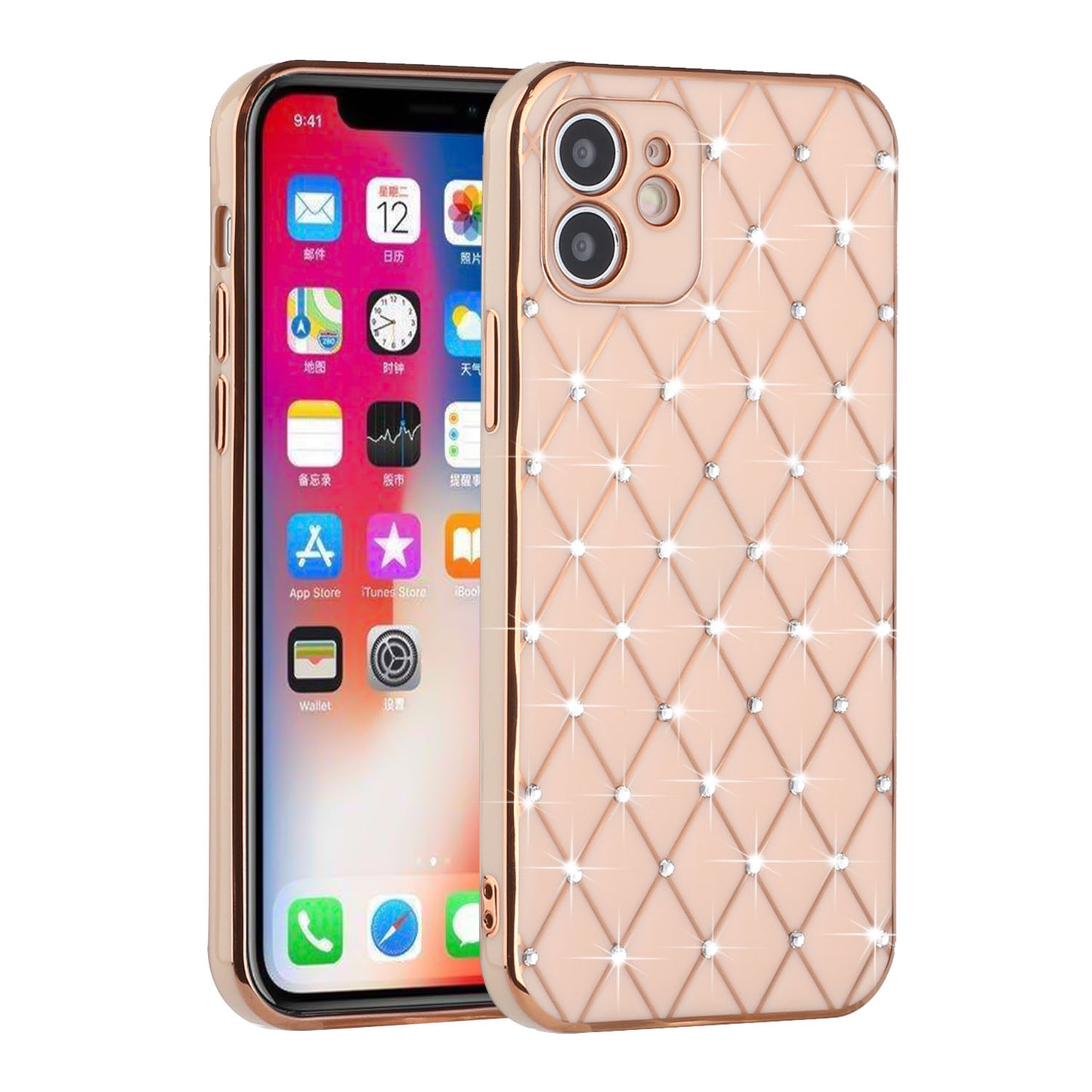 For Apple iPhone 14 Pro Max (6.7") Luxury Diamonds on Electroplated Grid Design Rhinestone Protective TPU Hard  Phone Case Cover