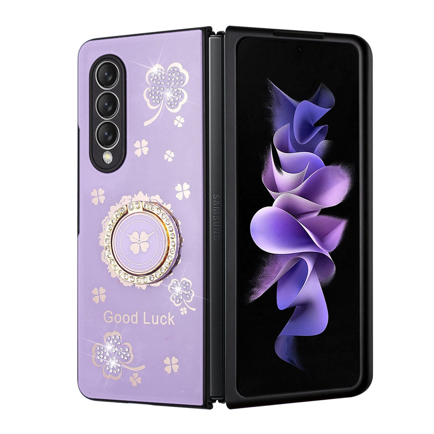 For Samsung Galaxy Z Fold 4 5G Diamond Bling Sparkly Glitter Ornaments Engraving Hybrid Ring Stand Fashion  Phone Case Cover