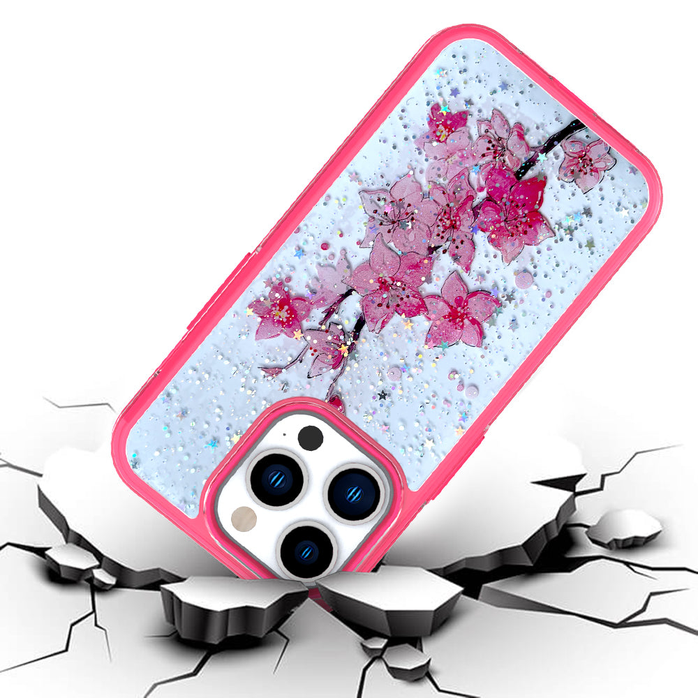 For Apple iPhone 14 (6.1") Sakura Spring Flowers Design Colorful Frame Hybrid Rubber TPU Hard Shockproof Rugged Slim  Phone Case Cover