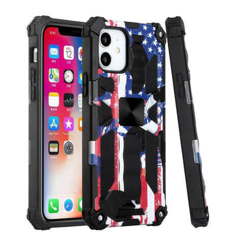 For Apple iPhone 14 (6.1") Heavy Duty Hybrid Fold Slide Kickstand [Military Grade] Rugged Magnetic Car Mount Stand American Flag USA Phone Case Cover