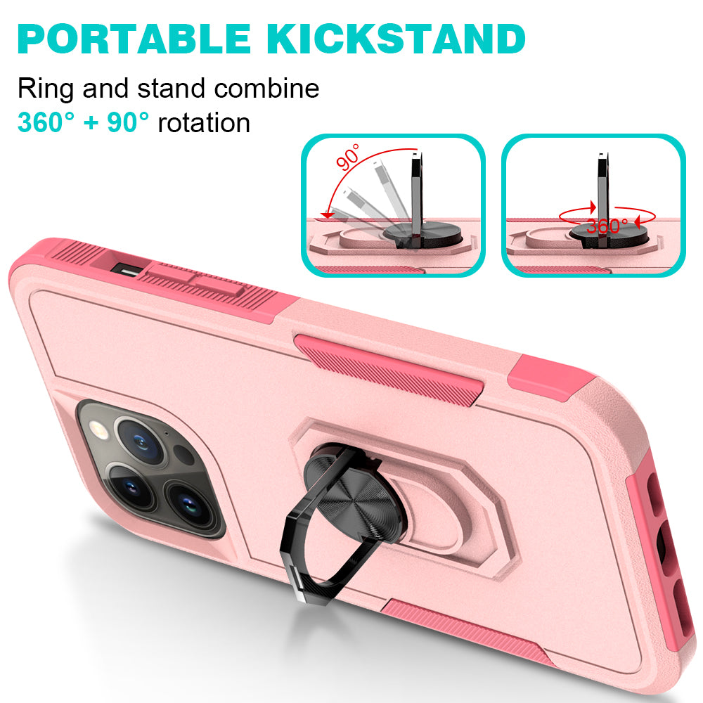 For Apple iPhone 14 Pro (6.1") Hybrid Rugged Hard Drop-Proof 3 Layer Protection Military Grade Armor Metal Ring Stand Pink Phone Case Cover