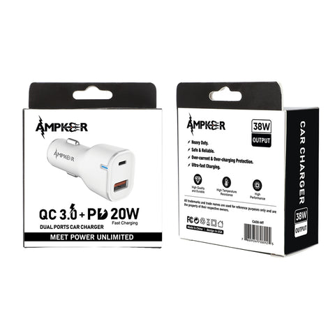 CHARGEUR ALLUME CIGARE 38W - USB-A QC 3.0 18 W / TYPE-C PD 20W BLANC