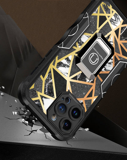 For iPhone 14 Pro (6.1") Marble IMD Stone Design Hybrid Armor Magnetic Ring Stand Kickstand Heavy Duty Rugged  Phone Case Cover