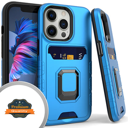 For Apple iPhone 14 (6.1") Wallet Credit Card Slot Holder with Metal Ring Kickstand Hybrid Dual Layer Magnetic Stand  Phone Case Cover