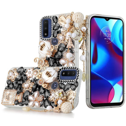 For Apple iPhone 12 /12 Pro (6.1") Bling Crystal 3D Full Diamonds Pearl Luxury Sparkle Rhinestone Glitter Hybrid Ultimate Multi Ornament Black Phone Case Cover