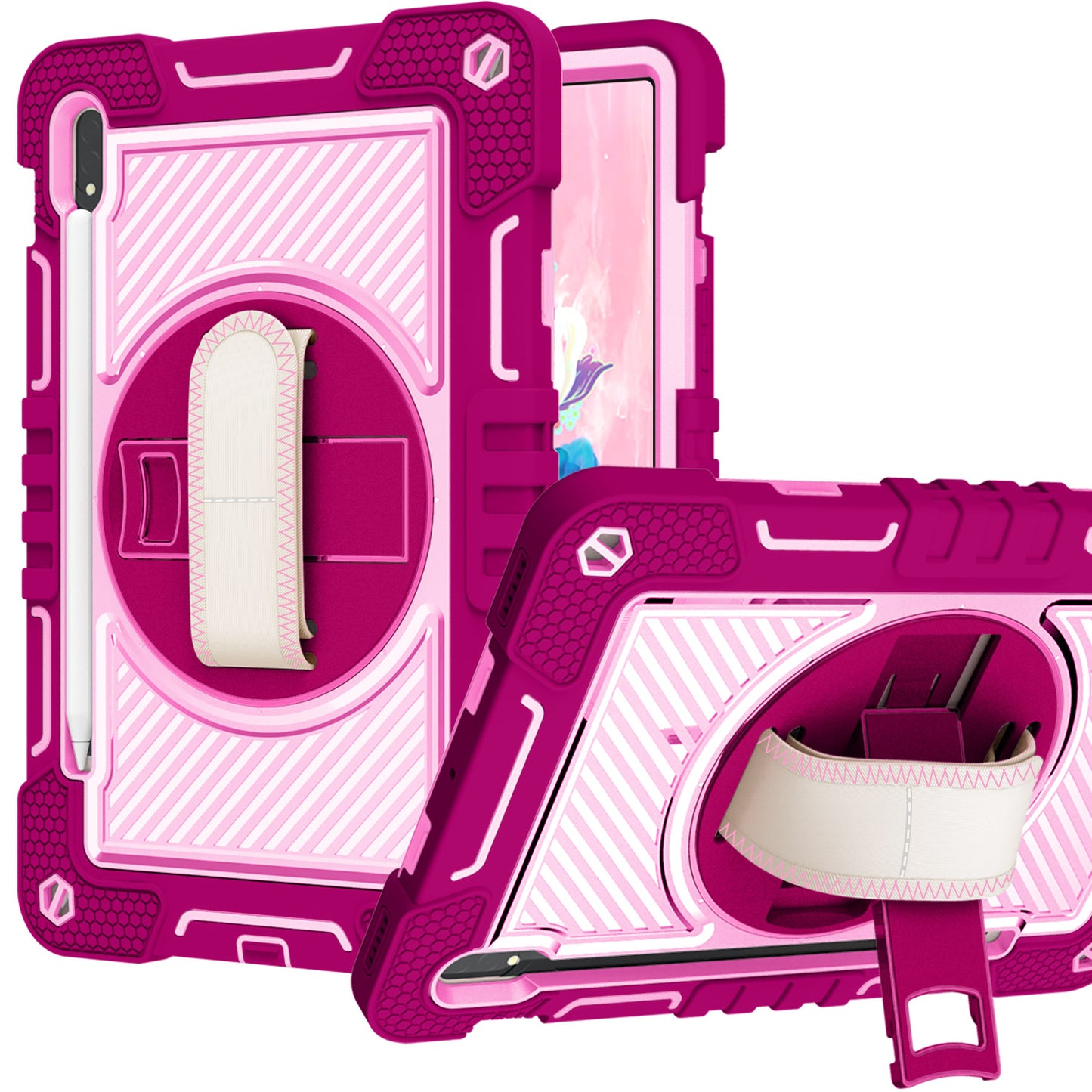 For Apple iPad 10th Gen 2022 Hybrid 3in1 Multi-Functional Tablet Case with Hand, Shoulder Strap, Pencil & Stand Holder Rose Pink Phone Case Cover