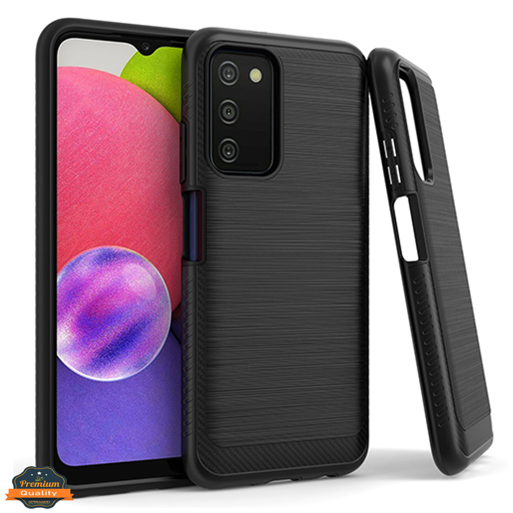 For Samsung Galaxy A03s (2022) Armor Brushed Texture Rugged Carbon Fiber Design Shockproof Dual Layers Hard PC + TPU Protective  Phone Case Cover