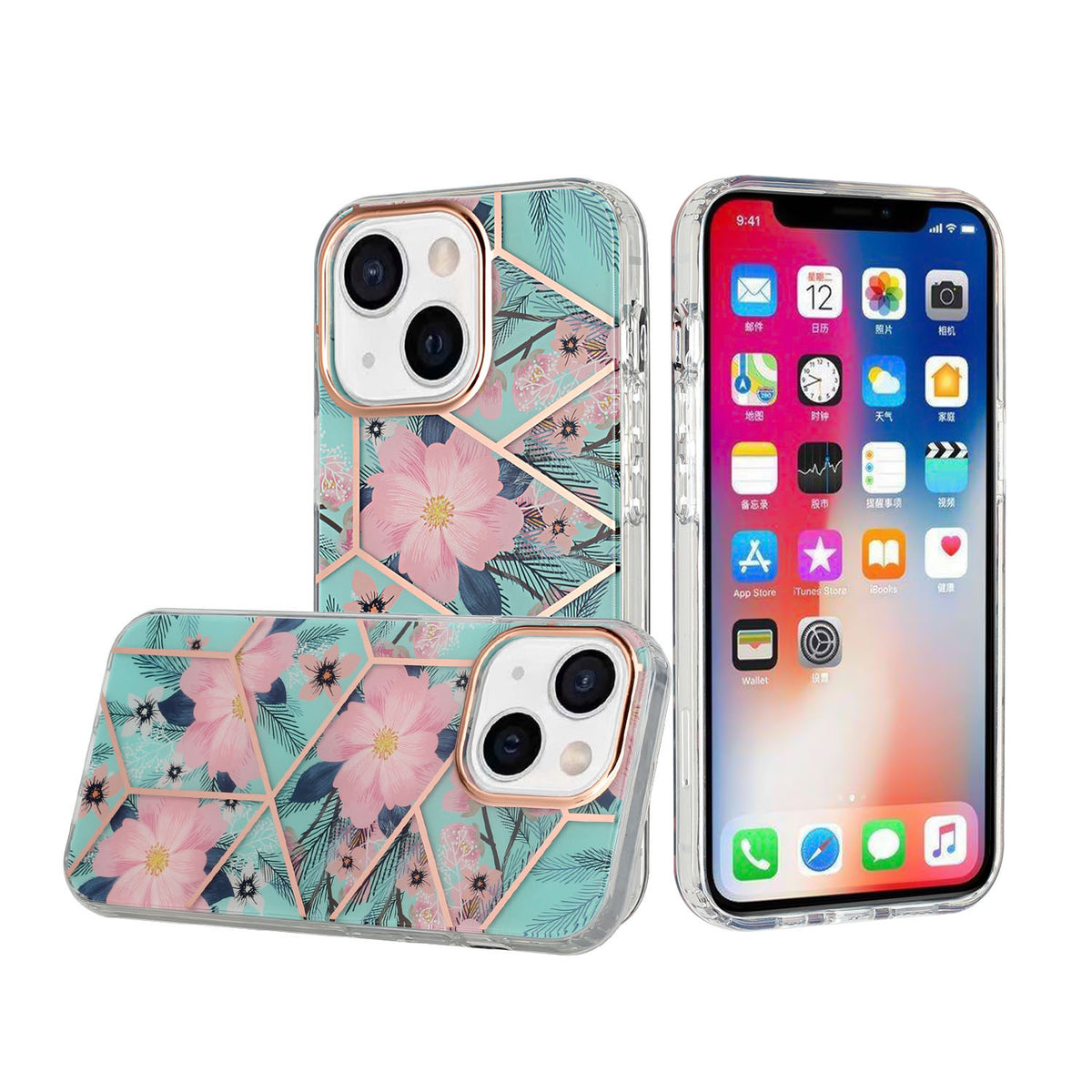 For Apple iPhone 14 Pro (6.1") Fashion Floral IMD Design Flower Pattern Hybrid Protective Hard Rubber TPU Back  Phone Case Cover