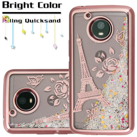 For Motorola Moto E4 Plus /XT1773 Quicksand Liquid Glitter Bling Hybrid Image Flowing Sparkle Protector Skin Eiffel Tower Paris Phone Case Cover