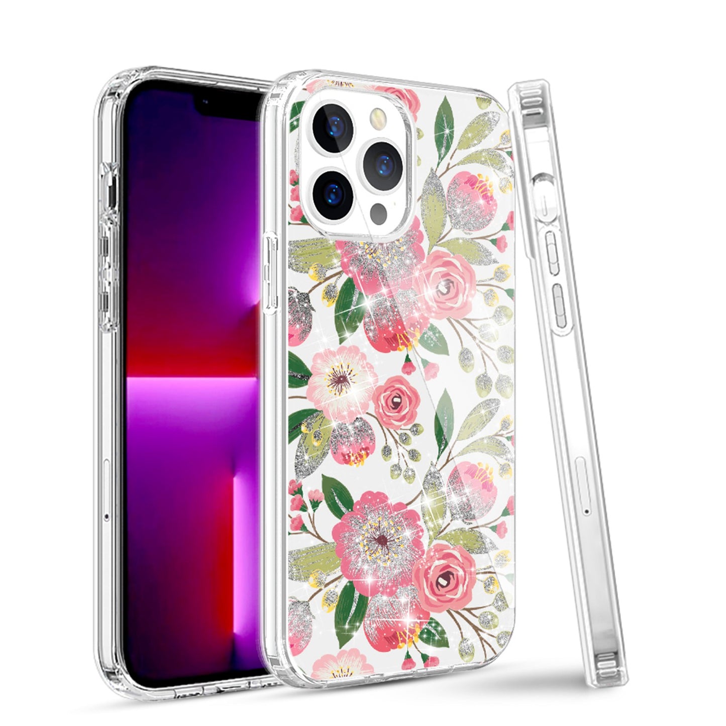 For Apple iPhone 14 Pro Max (6.7") Beautiful Laser Glitter Design Pattern Hybrid Gummy Hard PC TPU Shockproof  Phone Case Cover