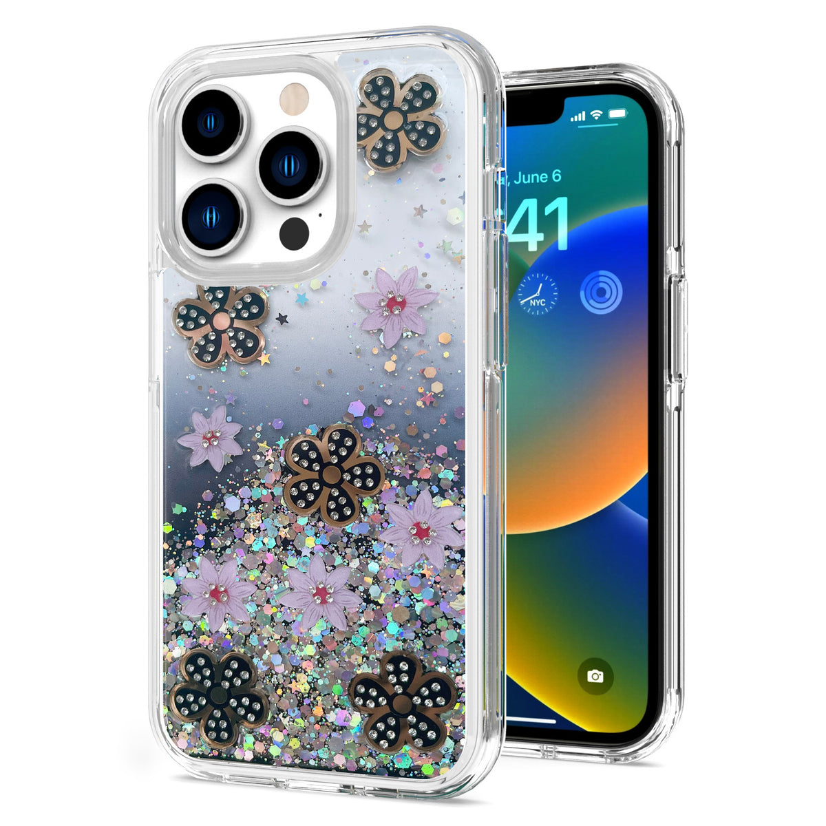 For Apple iPhone 14 /Plus Pro Max Floral Stylish Design Glitter Shiny Hybrid Rubber TPU Hard PC Shockproof Slim  Phone Case Cover