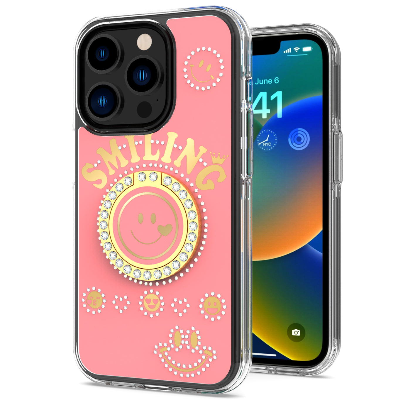 For Apple iPhone 14 /Plus Pro Max Smiling Glitter Ornament Bling Sparkle with Ring Stand Hybrid TPU + Hard Back Shell  Phone Case Cover