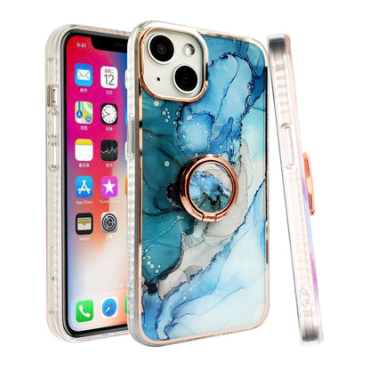 For Apple iPhone 14 Pro (6.1") Pattern Fashion Design Chromed Edge IMD with Ring Kickstand Hybrid TPU Hard Back  Phone Case Cover