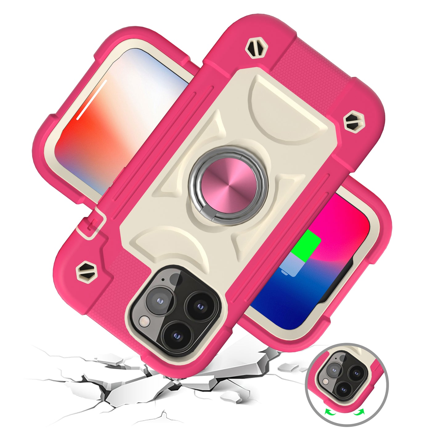 For Apple iPhone SE 3 (2022) SE/8/7 Thick 3in1 Hybrid Rugged TPU Shock-Absorbing with Rotatable Double Rings Kickstand  Phone Case Cover