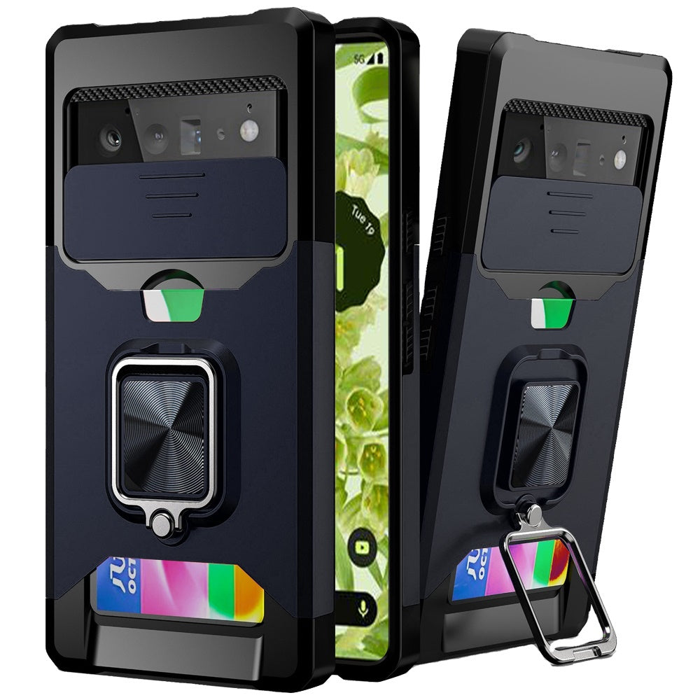 For Google Pixel 6 /6 Pro Wallet Case with Ring Stand & Slide Camera Cover Credit Card Holder, Military Grade Hard Shockproof Protective  Phone Case Cover