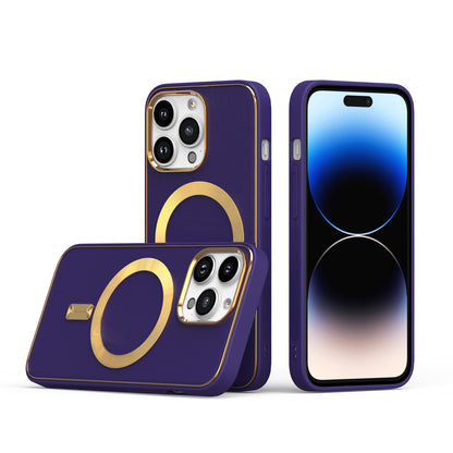 For Apple iPhone 14 Pro Max (6.7") Ultimate PU Leather Hybrid with MagSafe Compatible Bumper Gold Frame Protection  Phone Case Cover