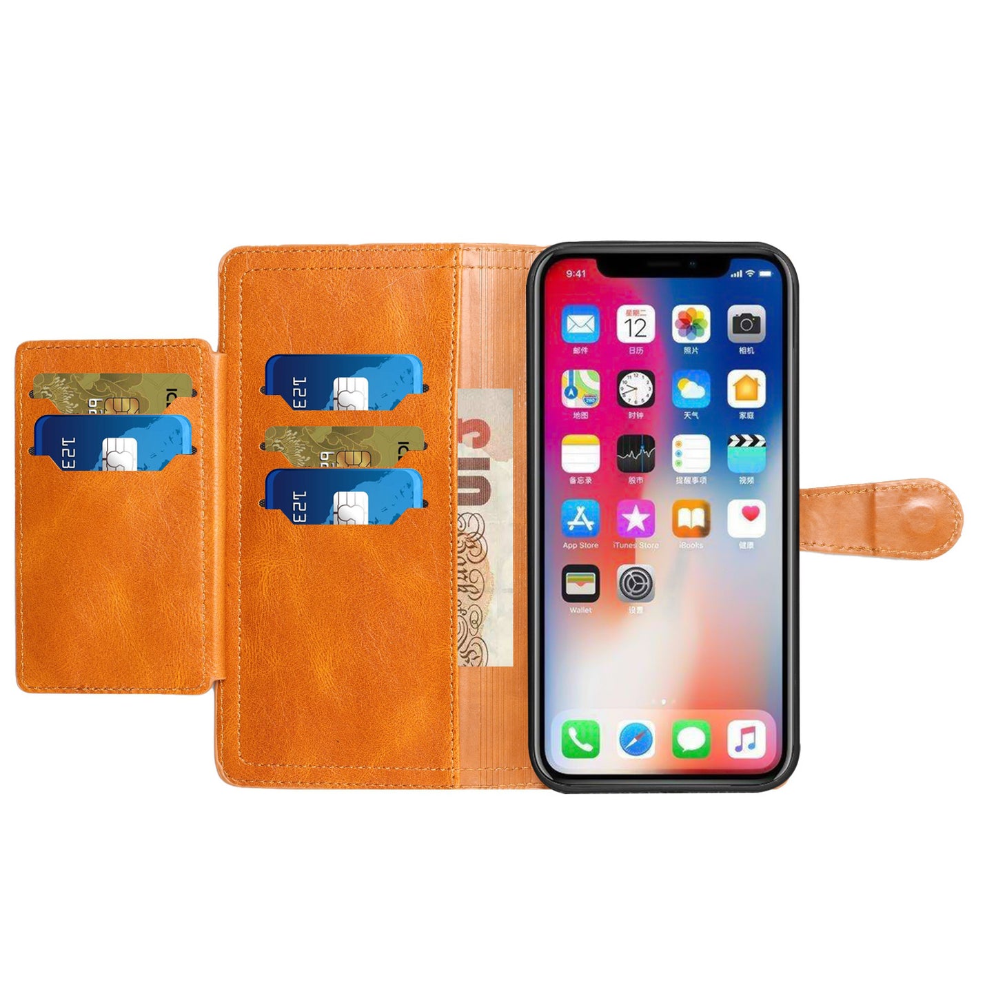 For Samsung Galaxy S22 Plus Multi Credit Card Holder Zipper Storage PU Leather Wallet Pockets Double Flap Pouch Flip Tan Phone Case Cover