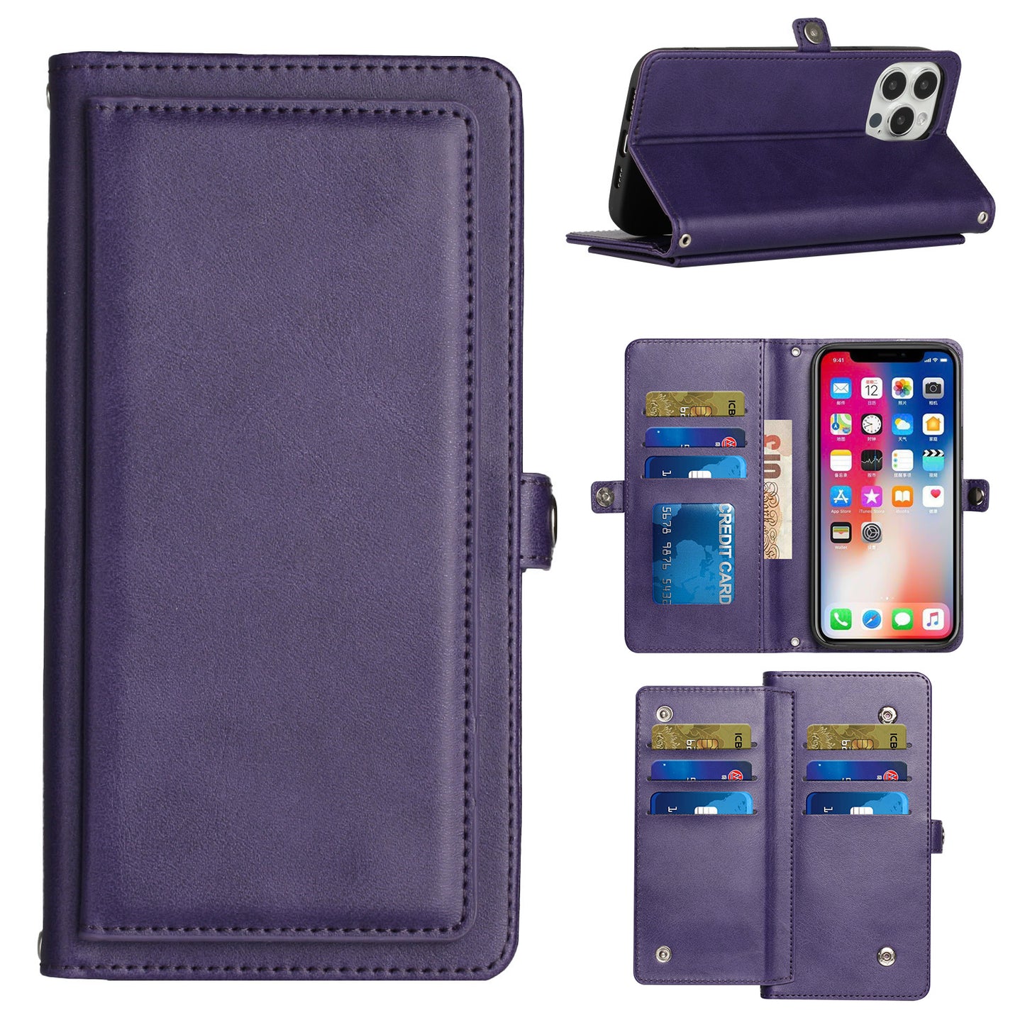 For Apple iPhone 13 Pro Max Ultra Luxury 9 ID Cash Credit Card Slots Holder Carrying Pouch Folio Flip PU Leather Kickstand  Phone Case Cover