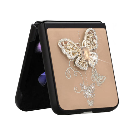 For Samsung Galaxy Z Flip 4 5G 3D Diamond Bling Sparkly Glitter Ornaments Engraving Hybrid Metal Fashion Gold Garden Butterflies Phone Case Cover