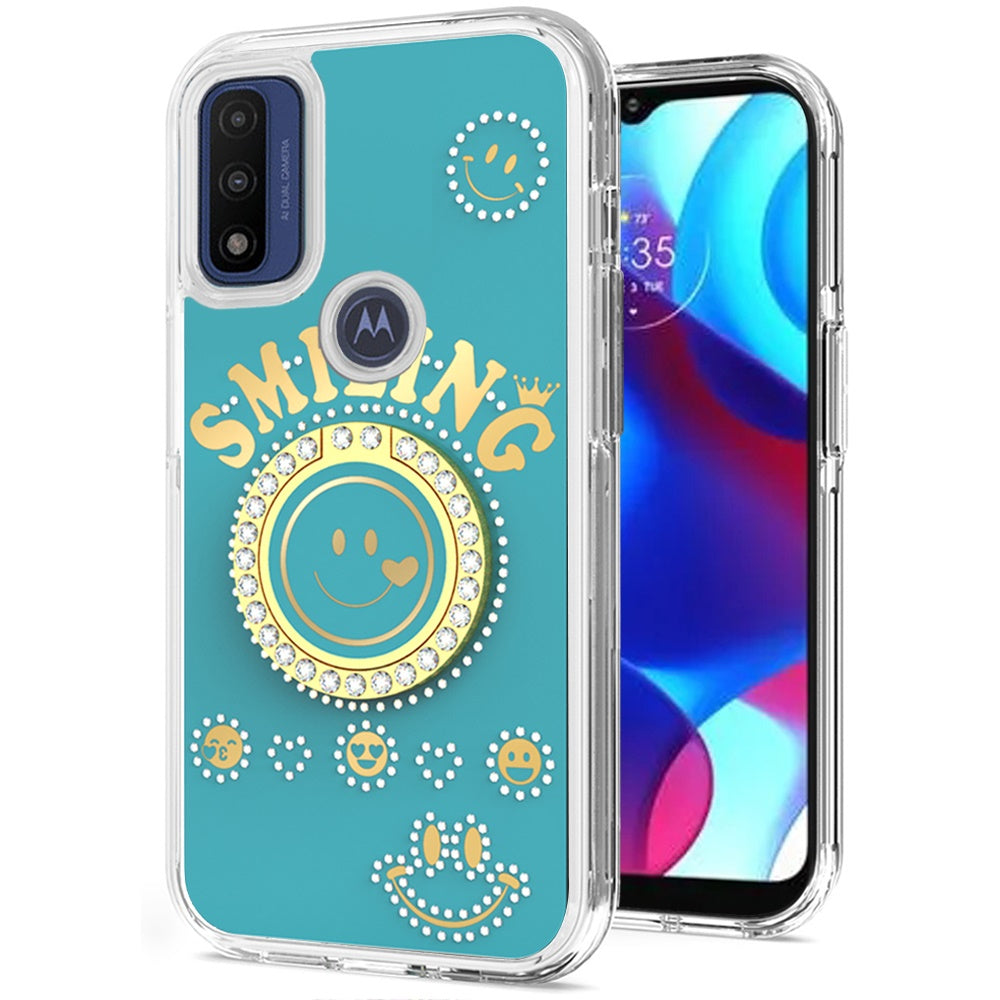 For Motorola Moto G Pure /G Power 2022 Smiling Glitter Ornament Bling Sparkle with Ring Stand Hybrid Hard Back Shell  Phone Case Cover