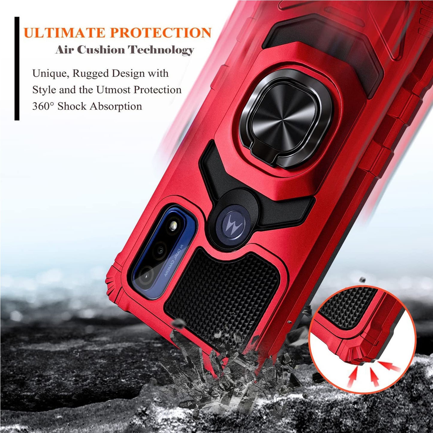 For Cricket Icon 4 Armor Hybrid Stand Ring Hard TPU Rugged Protective [Military-Grade] Magnetic Car Ring Holder Red