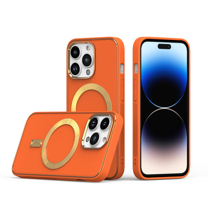 For Apple iPhone 14 Pro Max (6.7") Ultimate PU Leather Hybrid with MagSafe Compatible Bumper Gold Frame Protection  Phone Case Cover