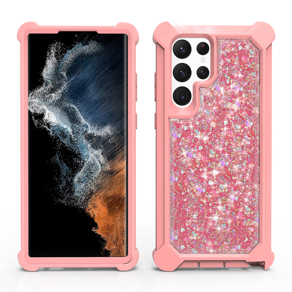 For Samsung Galaxy S22 Ultra Luxury Liquid Glitter 3in1 Sparkle Bling Quicksand Clear Heavy Duty Bumper PC Frame TPU Back  Phone Case Cover