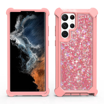 For Samsung Galaxy S22 Ultra Luxury Liquid Glitter 3in1 Sparkle Bling Quicksand Clear Heavy Duty Bumper PC Frame TPU Back  Phone Case Cover