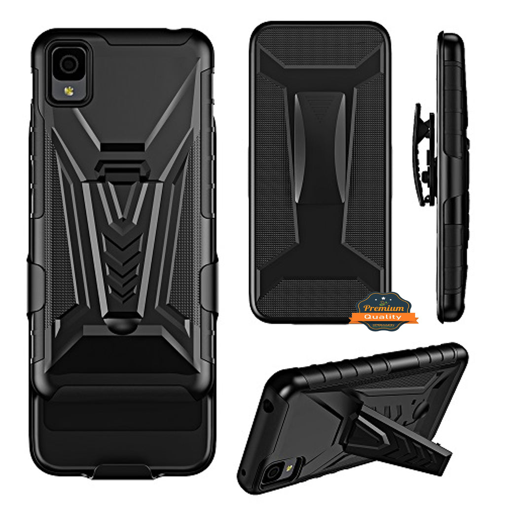 For TCL 30 Z Hybrid Belt Clip Holster with Built-in Kickstand, Heavy Duty Protective Shock Absorption Armor Defender Rugged Black Phone Case Cover