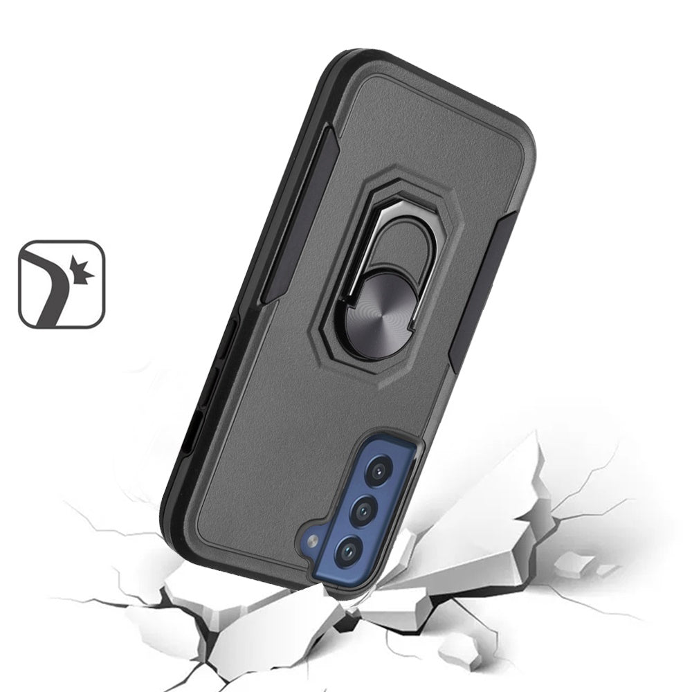 For Samsung Galaxy S21 Ultra Hybrid Tough Strong Dual Layer Hard PC TPU with Flat Magnetic Ring Stand Heavy-Duty Armor Black Phone Case Cover
