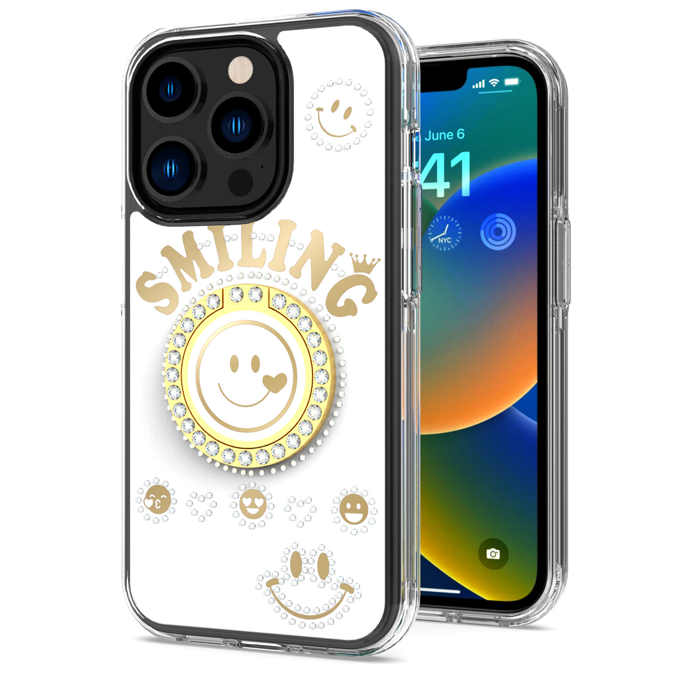 For Apple iPhone 14 /Plus Pro Max Smiling Glitter Ornament Bling Sparkle with Ring Stand Hybrid TPU + Hard Back Shell  Phone Case Cover
