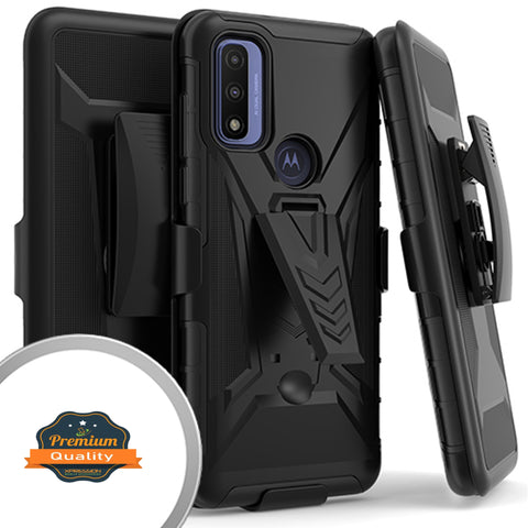 For Motorola Moto G Power 2022 Hybrid Belt Clip Holster with Built-in Kickstand, Heavy Duty Protective Shock Absorption Armor Defender Black Phone Case Cover