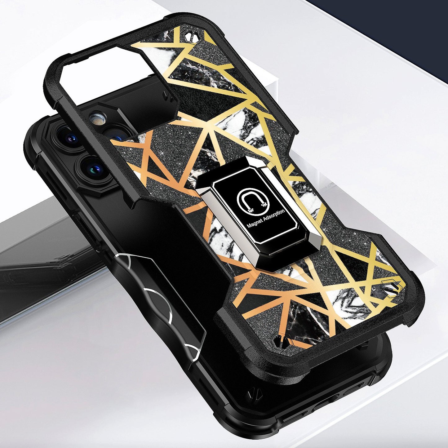 For Apple iPhone 13 Pro Max (6.7") Marble IMD Stone Design Hybrid Armor Magnetic Ring Stand Kickstand Heavy Duty  Phone Case Cover