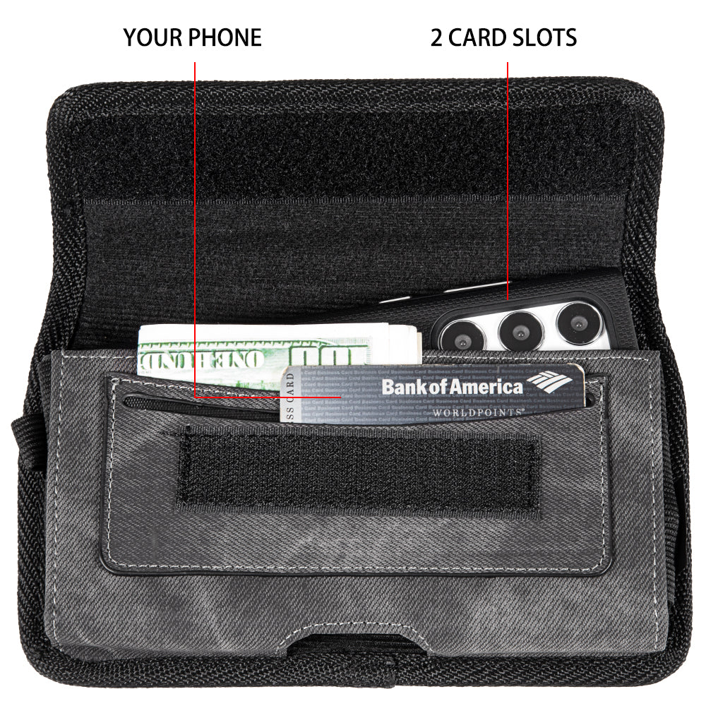 Universal Horizontal Nylon Special Fabric Cell Phone Holster Case with Dual Credit Card Slots, Belt Clip Pouch and Belt Loop for Apple iPhone Samsung Galaxy LG Moto All Mobile phones Size 6.3" Universal Nylon [Black Denim]
