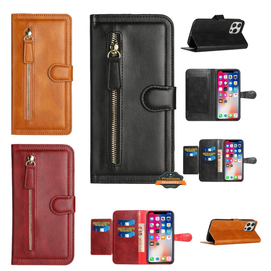 For Samsung Galaxy S22 Ultra Multi Credit Card Holder Zipper Storage PU Leather Wallet Pockets Double Flap Pouch Flip  Phone Case Cover