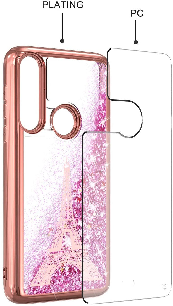 For Motorola Moto G 5G 2022 Quicksand Liquid Glitter Bling Flowing Sparkle Hybrid TPU Chrome Plating Rubber Hard PC Paris Eiffel Tower Phone Case Cover