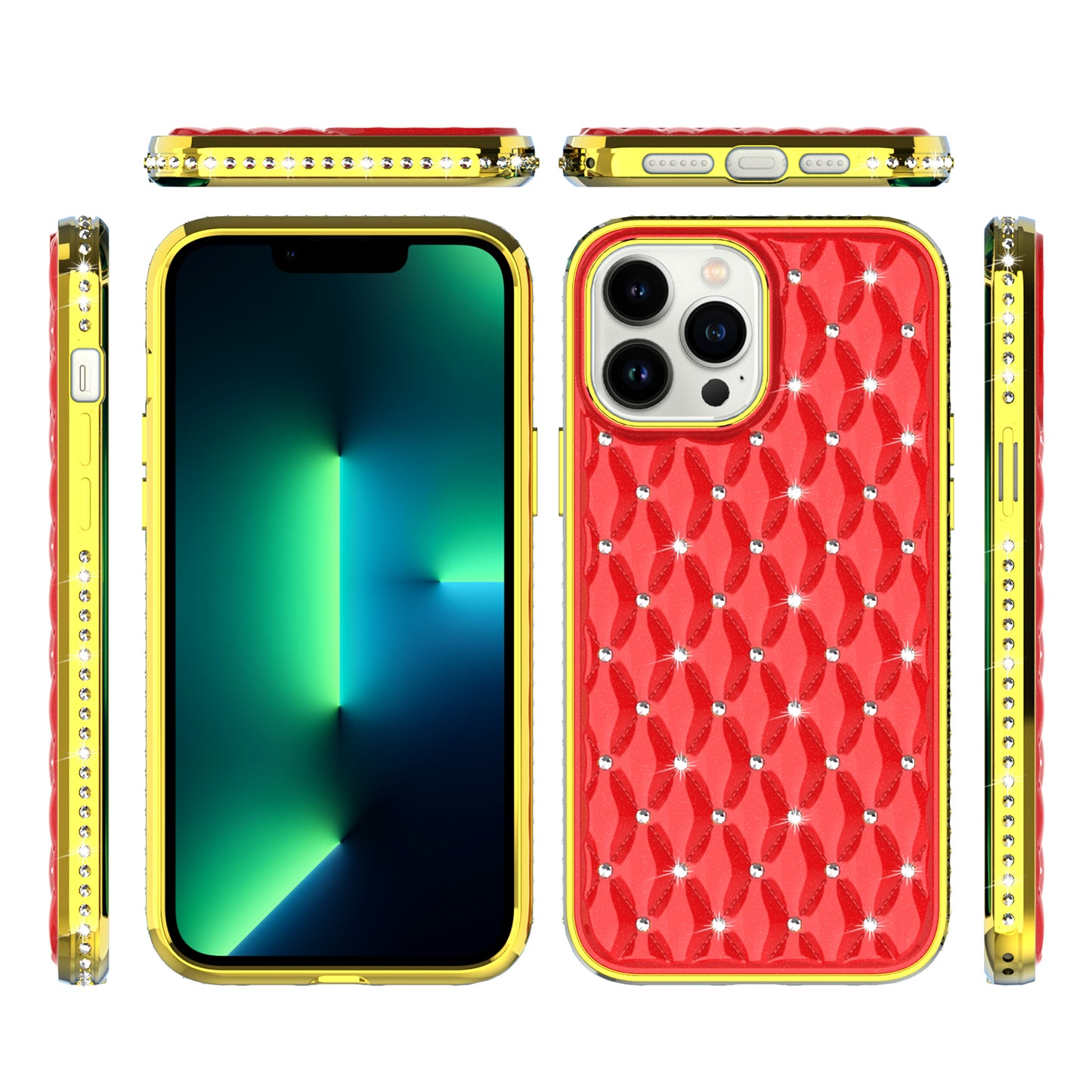For Apple iPhone 13 Pro Max (6.7") Luxury Chrome Diamonds Rhinestone Thick Shiny Bling Protective Rubber Frame  Phone Case Cover